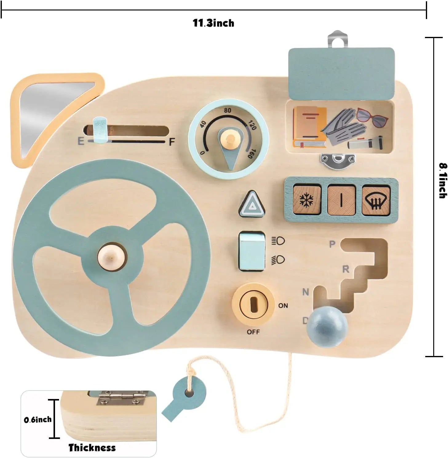 Wooden toy control panel with measurements on a white background