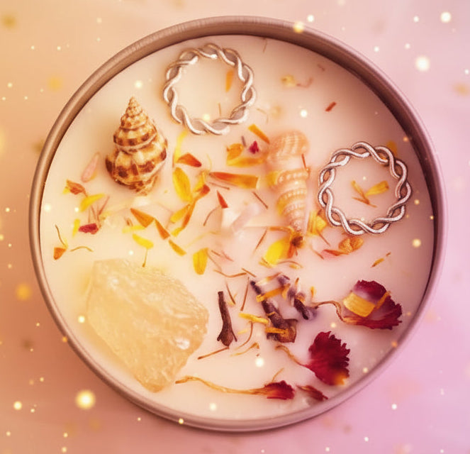 Product packaging with floral elements and text on a light background