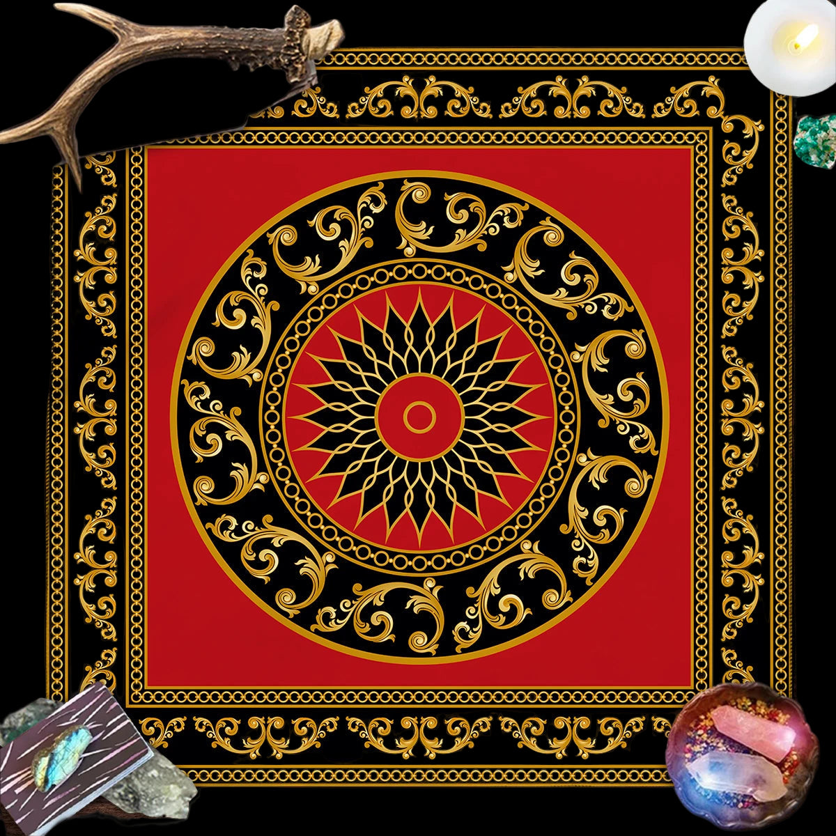 Decorative red and black mandala with gold accents on a wooden surface.