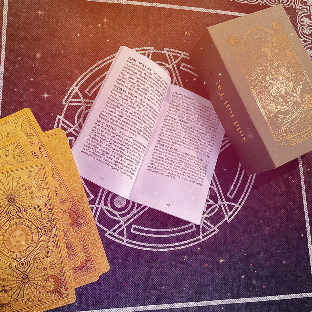 Open book, tarot cards, and a green box on a black and white patterned surface