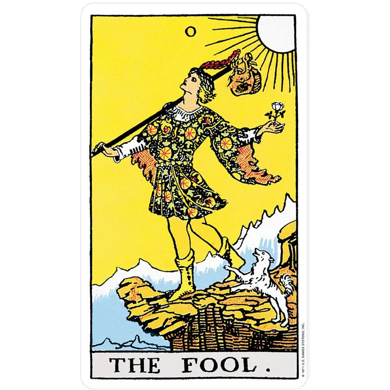 Tarot card 'The Fool' with a person holding a flower on a yellow background