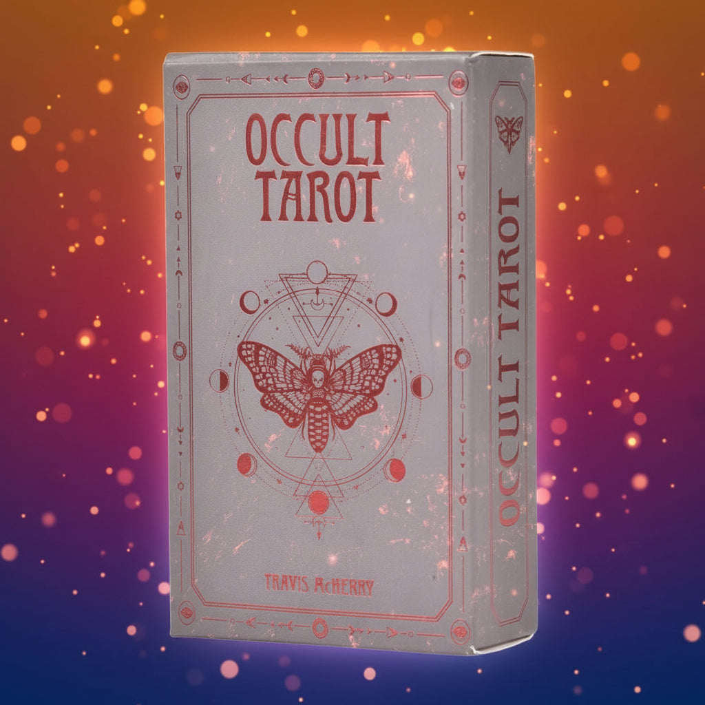Occult Tarot card box with red text and design on a gray background
