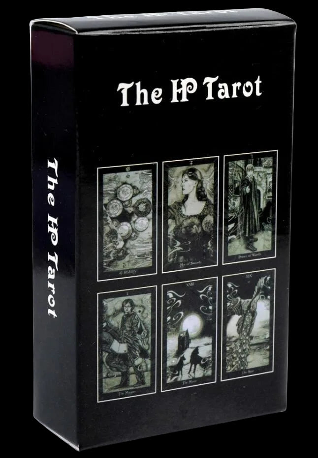 Black box of 'The HP Tarot' with tarot card illustrations on a white background