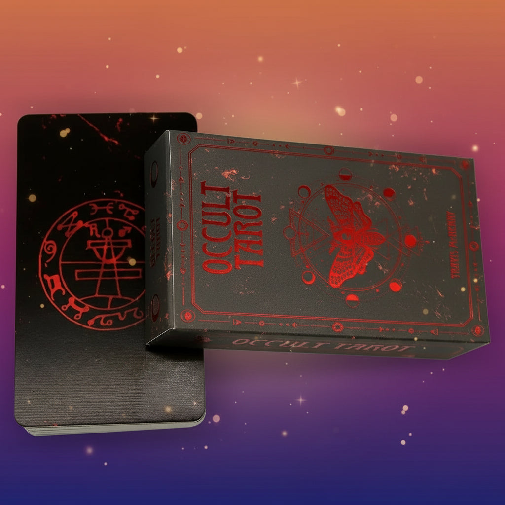 Occult Tarot card deck with black and red packaging on a white background