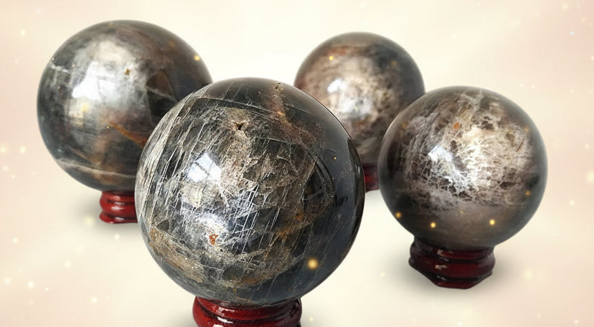 Four polished gemstones on red stands against a white background