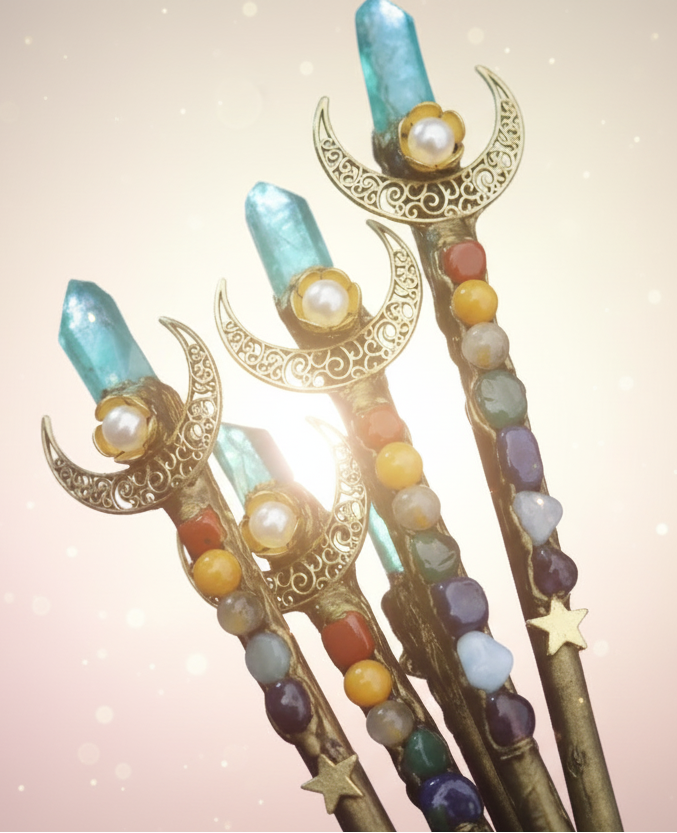 Colorful beaded hairpins with gold moon and star designs on a dark background