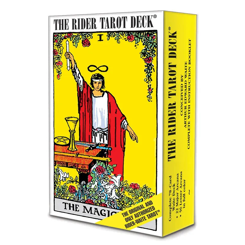 The Rider Tarot Deck packaging with a yellow background and tarot card illustration.
