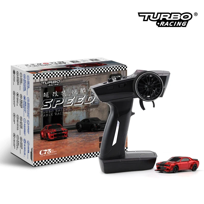 Black remote control car transmitter with Turbo Racing branding, next to a model car and packaging.