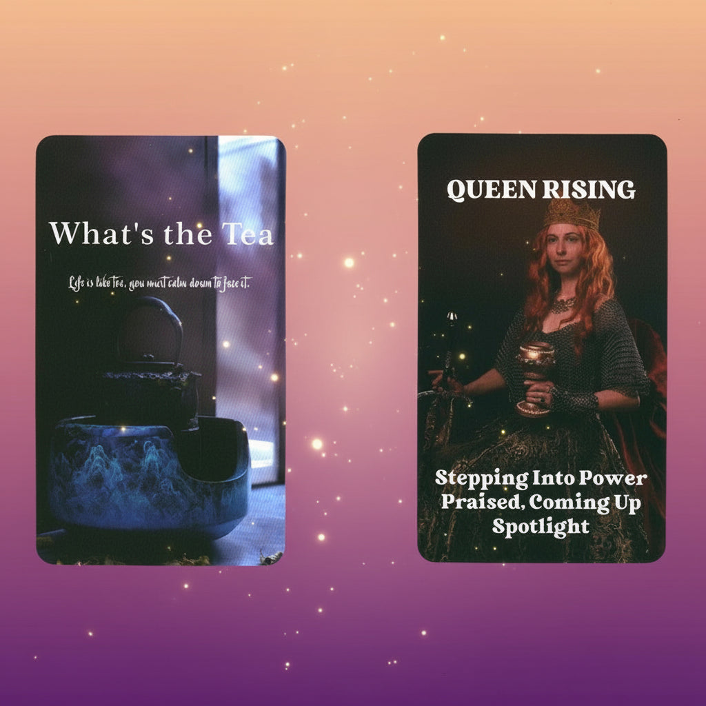 Two cards with text and images, one labeled 'What's the Tea' and the other 'Queen Rising', on a white background.
