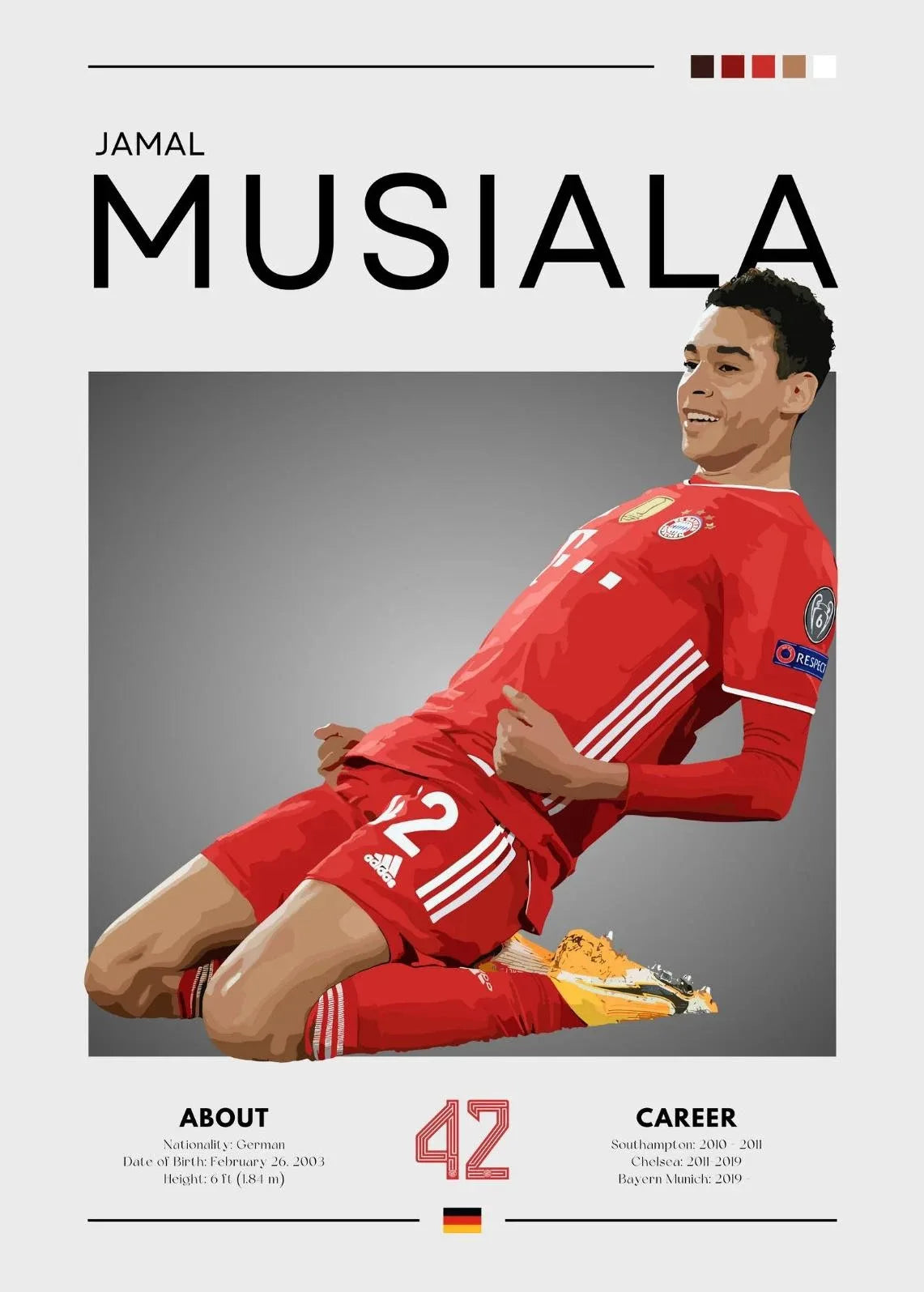 Soccer player in red uniform with 'Jamal Musiala' text on a gray background