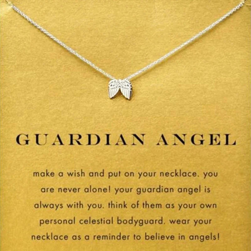 Silver 'Guardian Angel' necklace on a yellow card with text