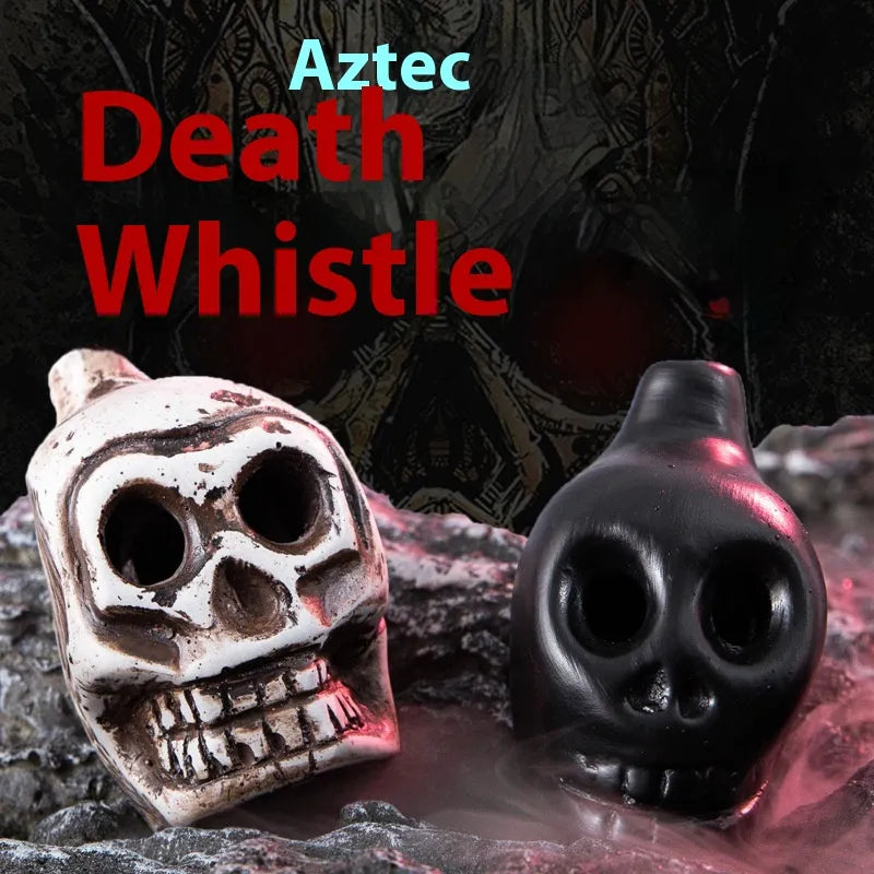 Two skull-shaped whistles with 'Aztec Death Whistle' text on a dark background