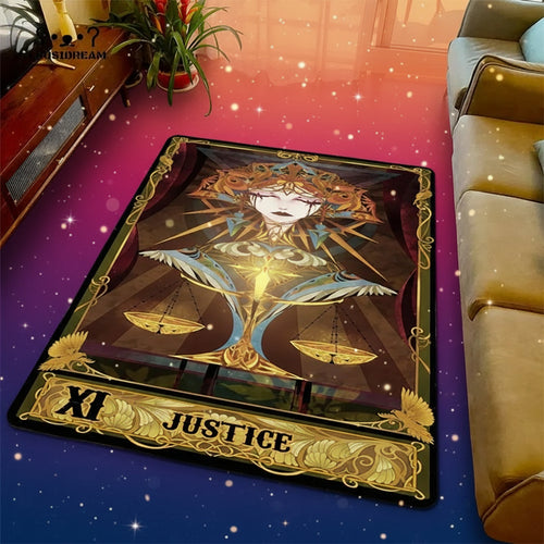 Decorative rug with 'Justice' tarot card design on a wooden floor.