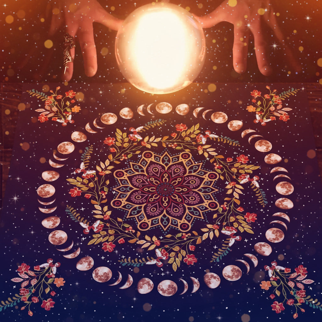 Mandala design with moon phases and hands holding a glowing crystal ball on a dark background