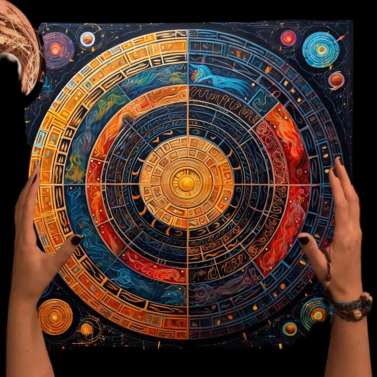 Two hands holding a large, detailed astrological chart with various celestial symbols.