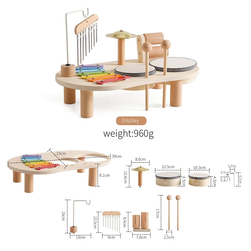 Wooden musical instrument set with dimensions and weight displayed on a white background