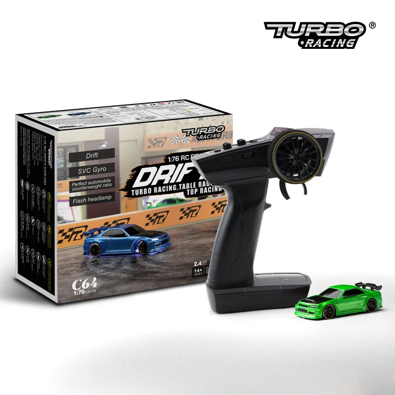 Turbo Racing remote control car transmitter with packaging and a model car on a white background