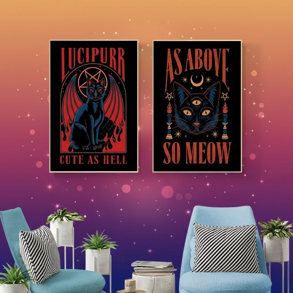Two framed posters with black cats on a white wall above blue chairs.