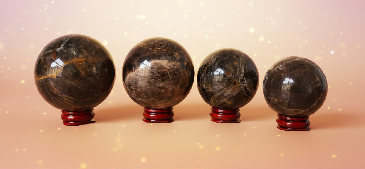 Four polished brown stone spheres on red stands against a white background
