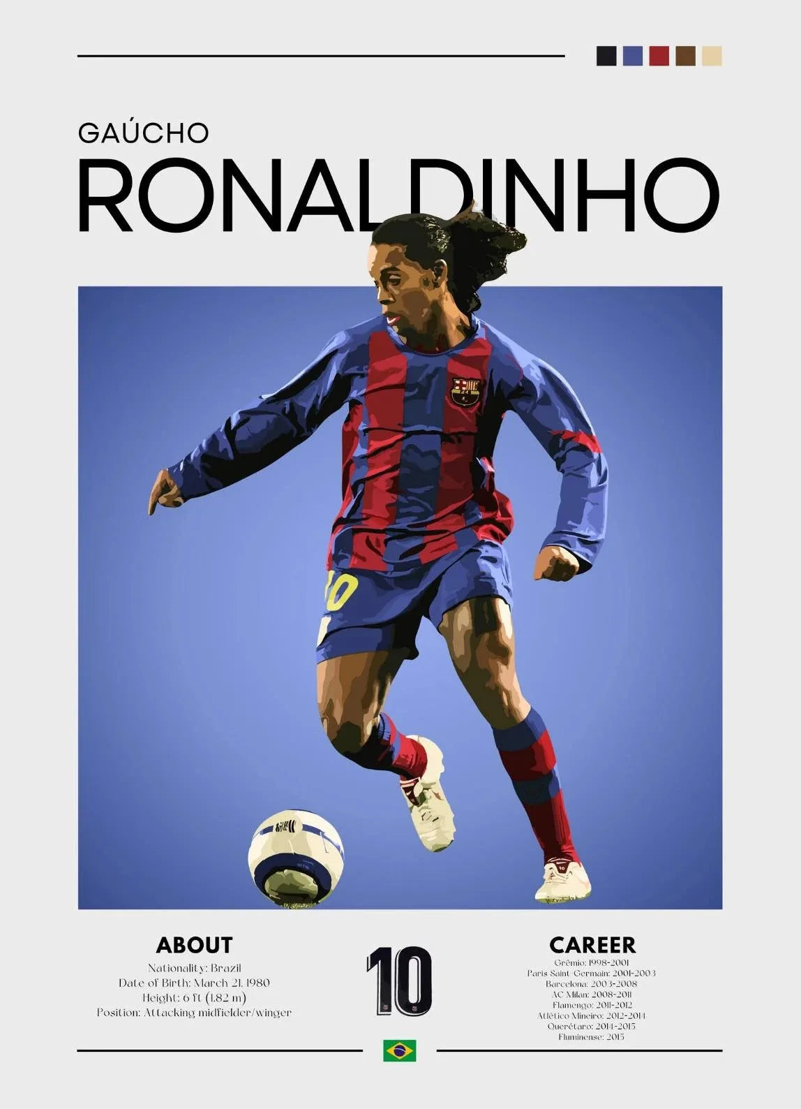 Soccer player in a blue and red uniform kicking a ball with a blue background