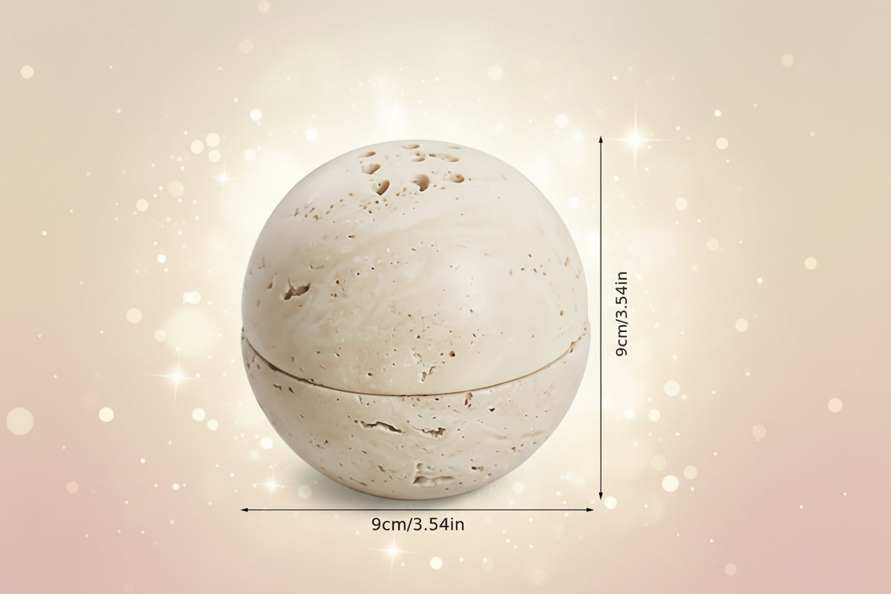 Beige spherical container with dimensions indicated on a white background