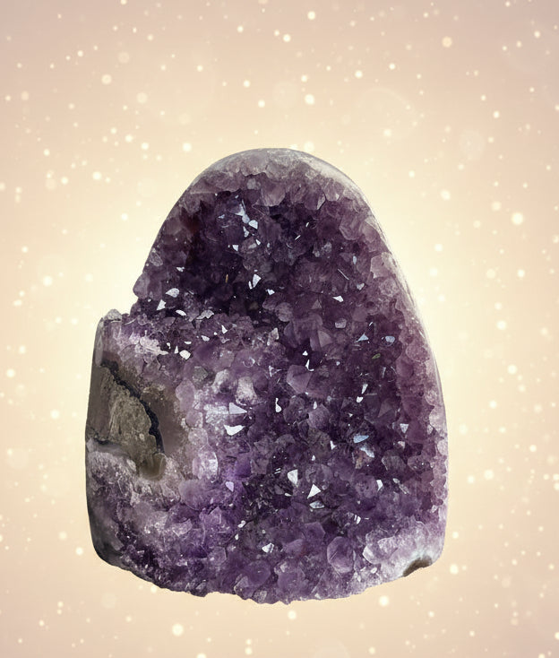 Amethyst crystal formation on a dark surface with a blurred background