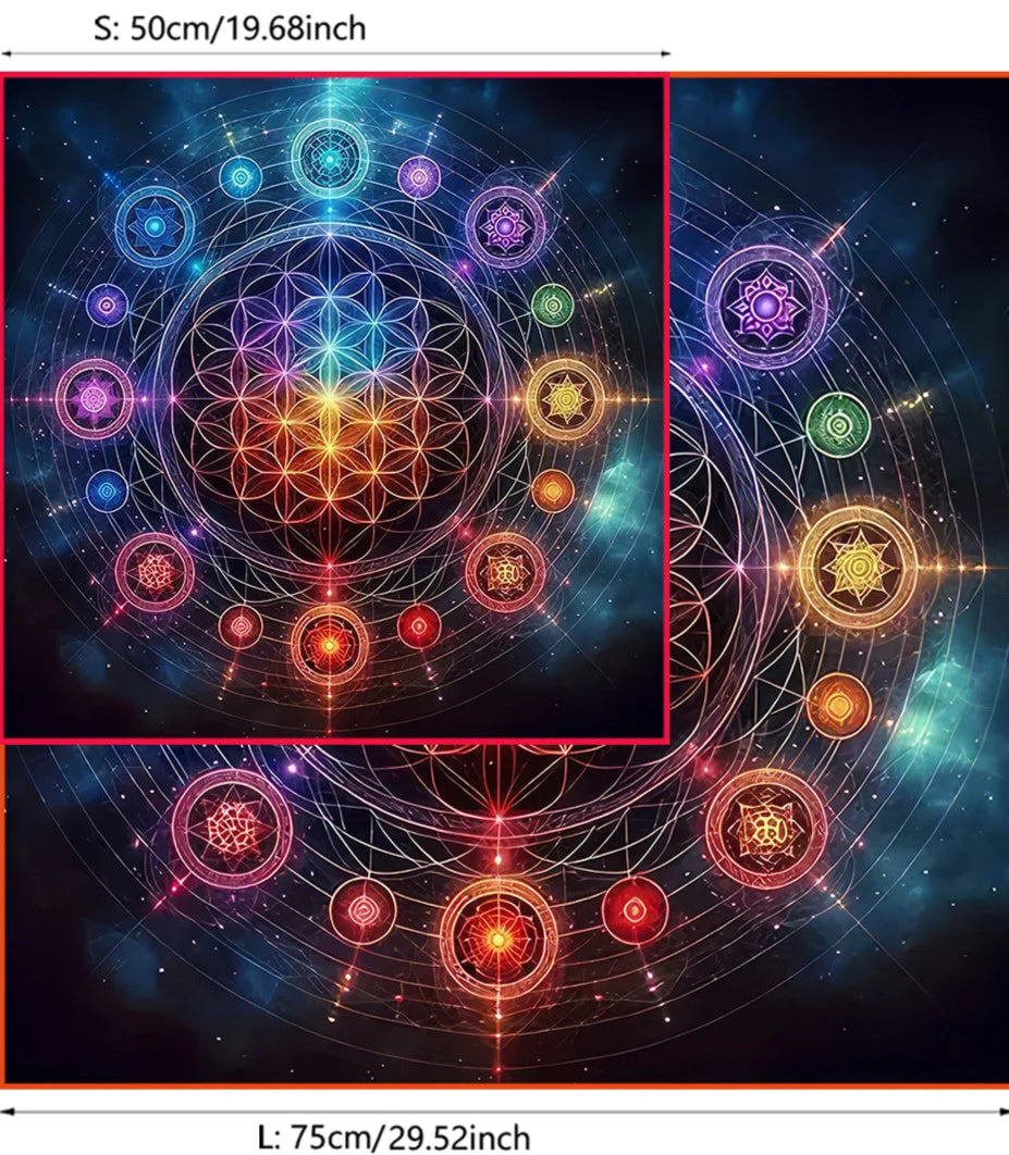 Colorful geometric design with measurements on a black background