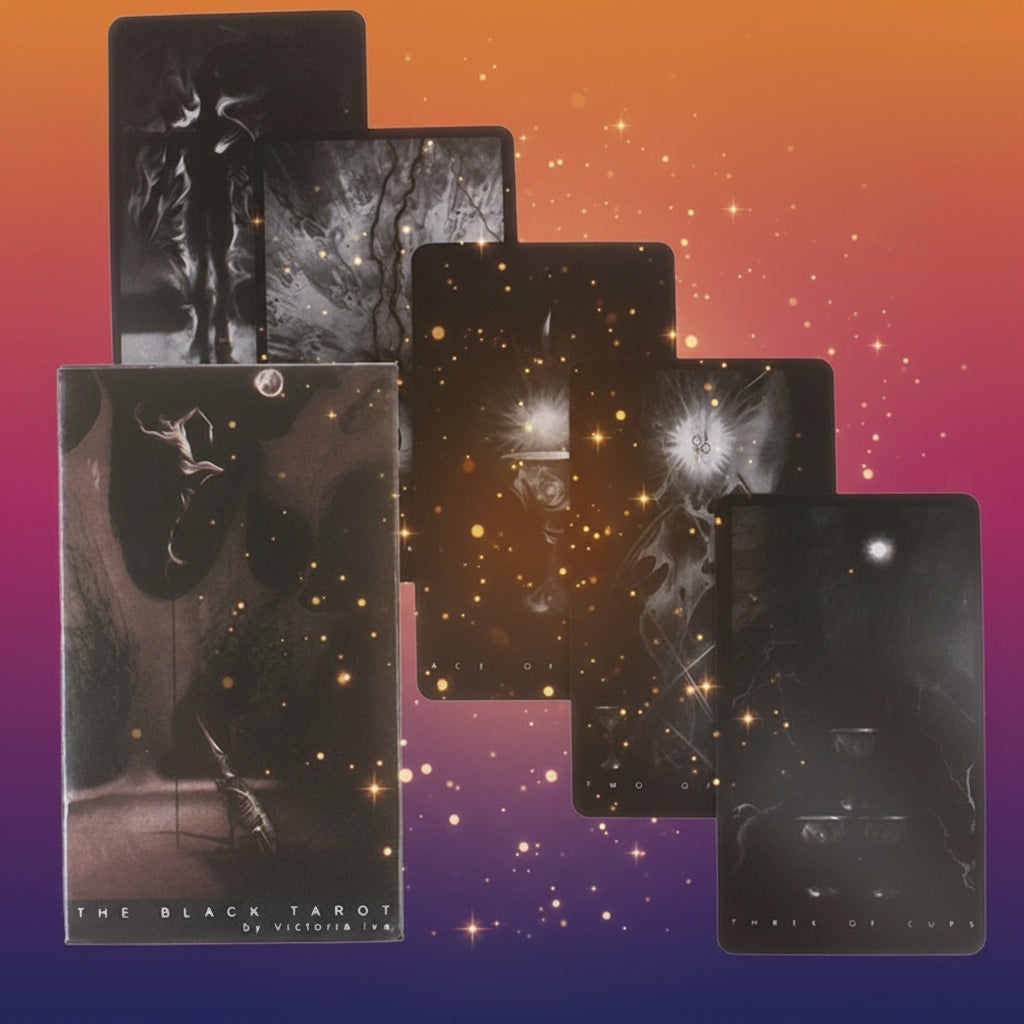 Set of black tarot cards with various designs on a white background
