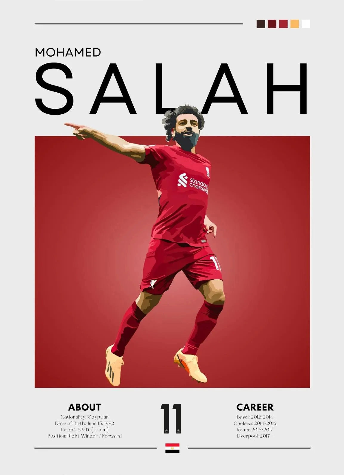 Soccer player in red uniform with 'Salah' branding on a red and white background