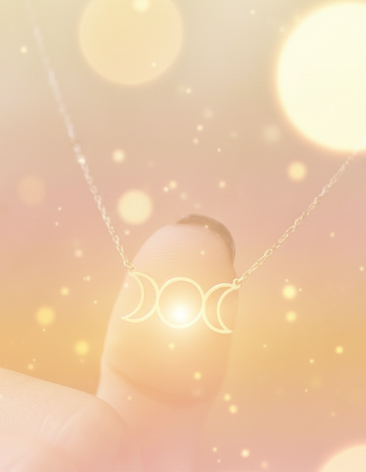 Gold necklace with a moon phase design held between fingers against a neutral background