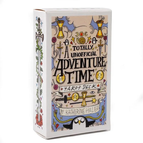 Tarot deck box with 'Totally Unofficial Adventure Time' text and illustrations on a white background