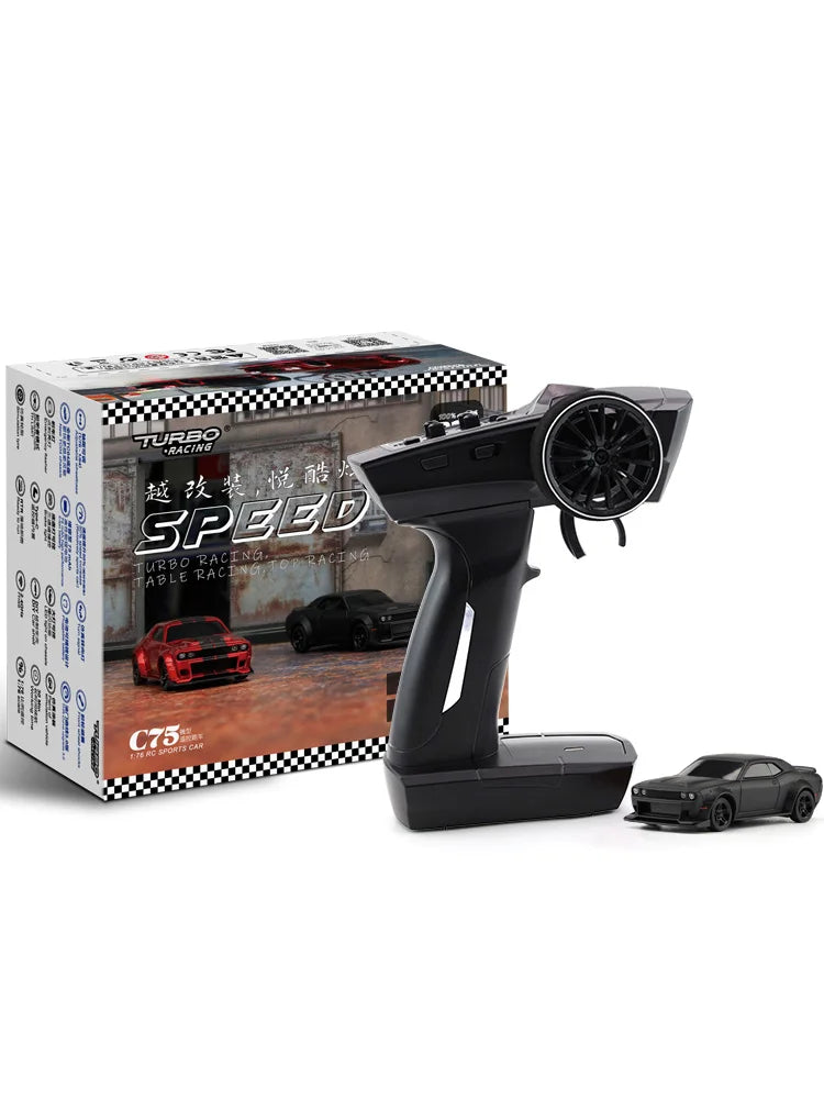 Black remote control car transmitter with Turbo Speed packaging on a white background