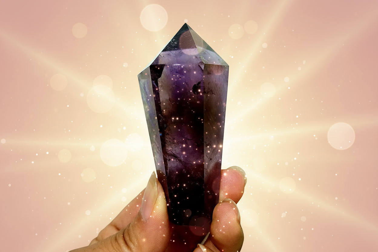 Amethyst crystal held in a hand with a white background