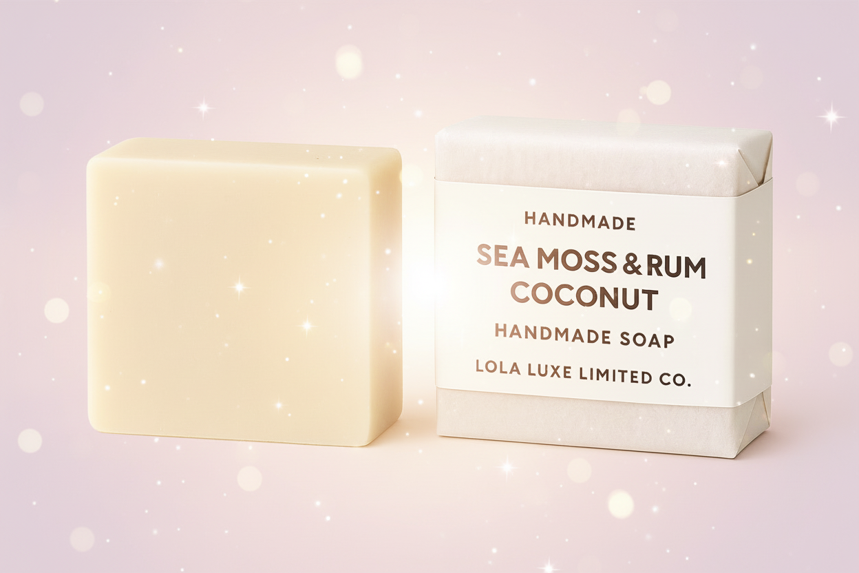 Bar of soap and its packaging with 'Lola Luxe Limited Co.' branding on a white background