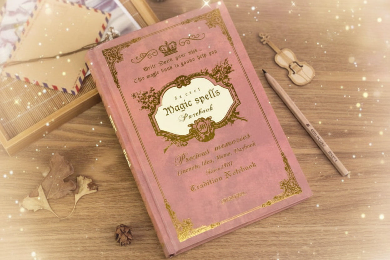Pink notebook with gold text on a wooden surface