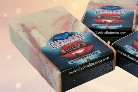 Three boxes of Evolve Bitten soap on a stone surface with a brick wall background.