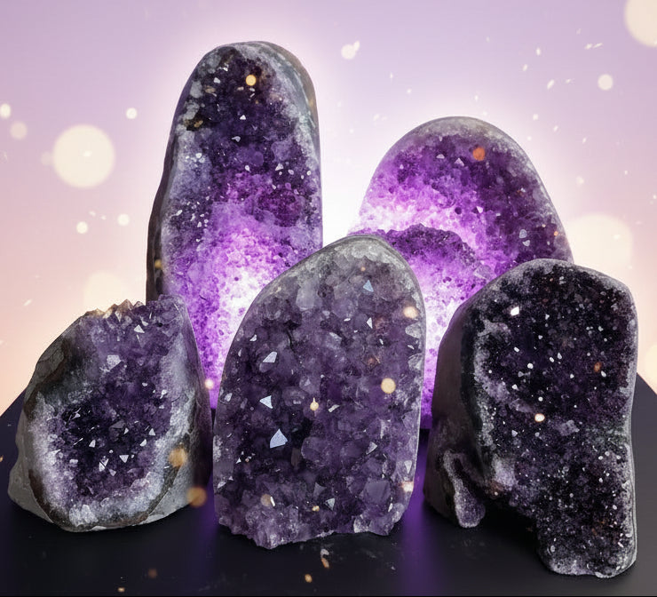 Amethyst geode crystals on a dark surface with a blurred background