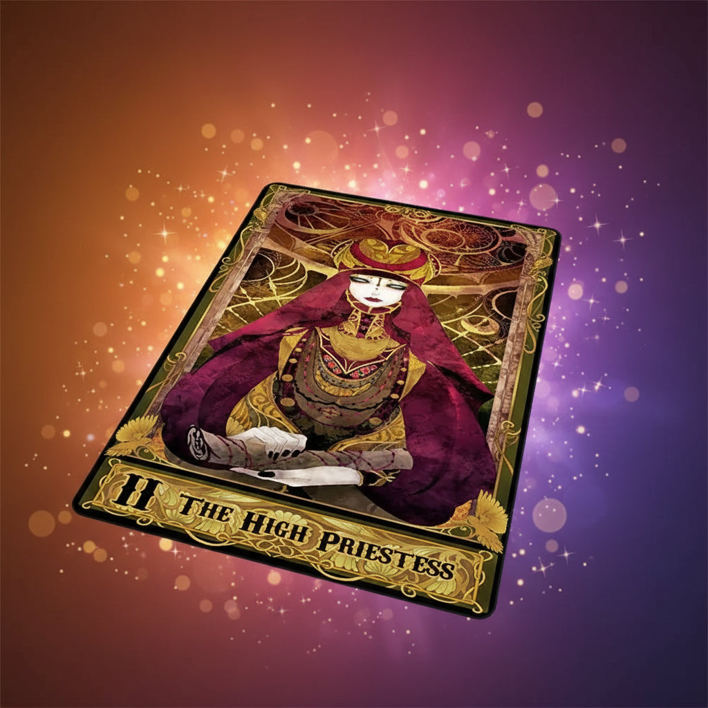 Decorative rug with 'The High Priestess' tarot card design on a wooden floor.