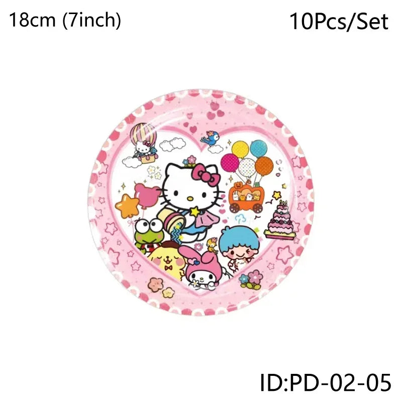 Hello Kitty-themed paper plate with cartoon characters on a white background