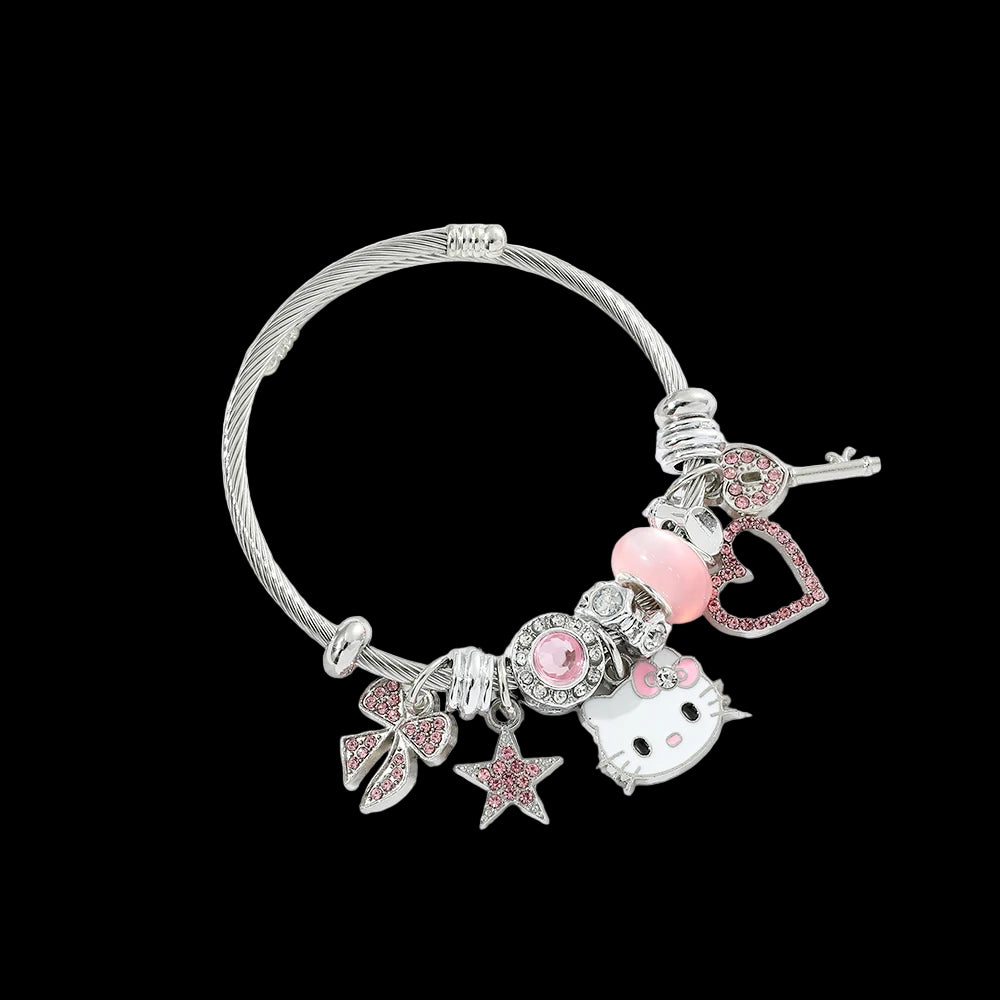 Bracelet with various charms including a cat face, star, and heart on a white background.