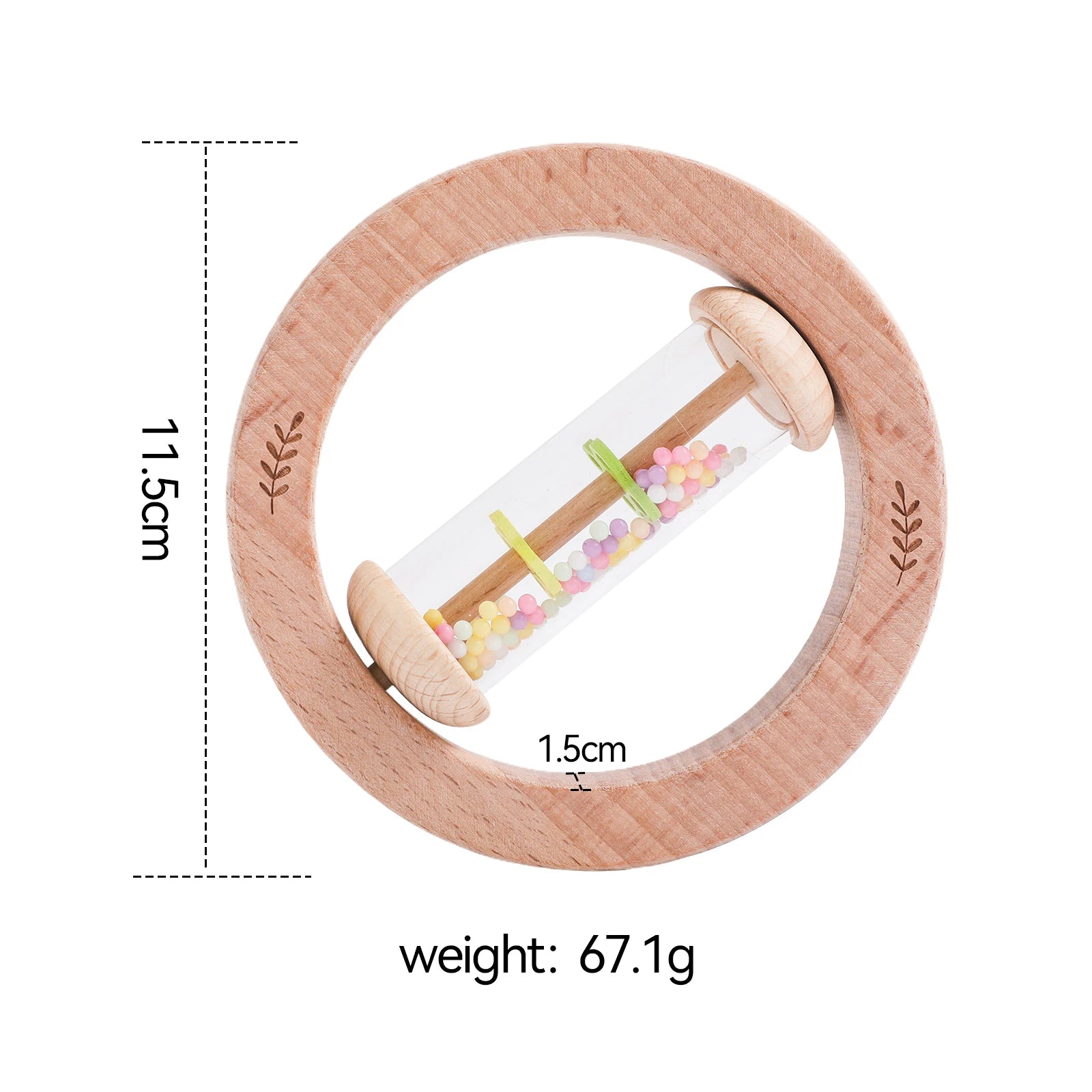 Wooden teething ring with sand timer design and measurements on a white background