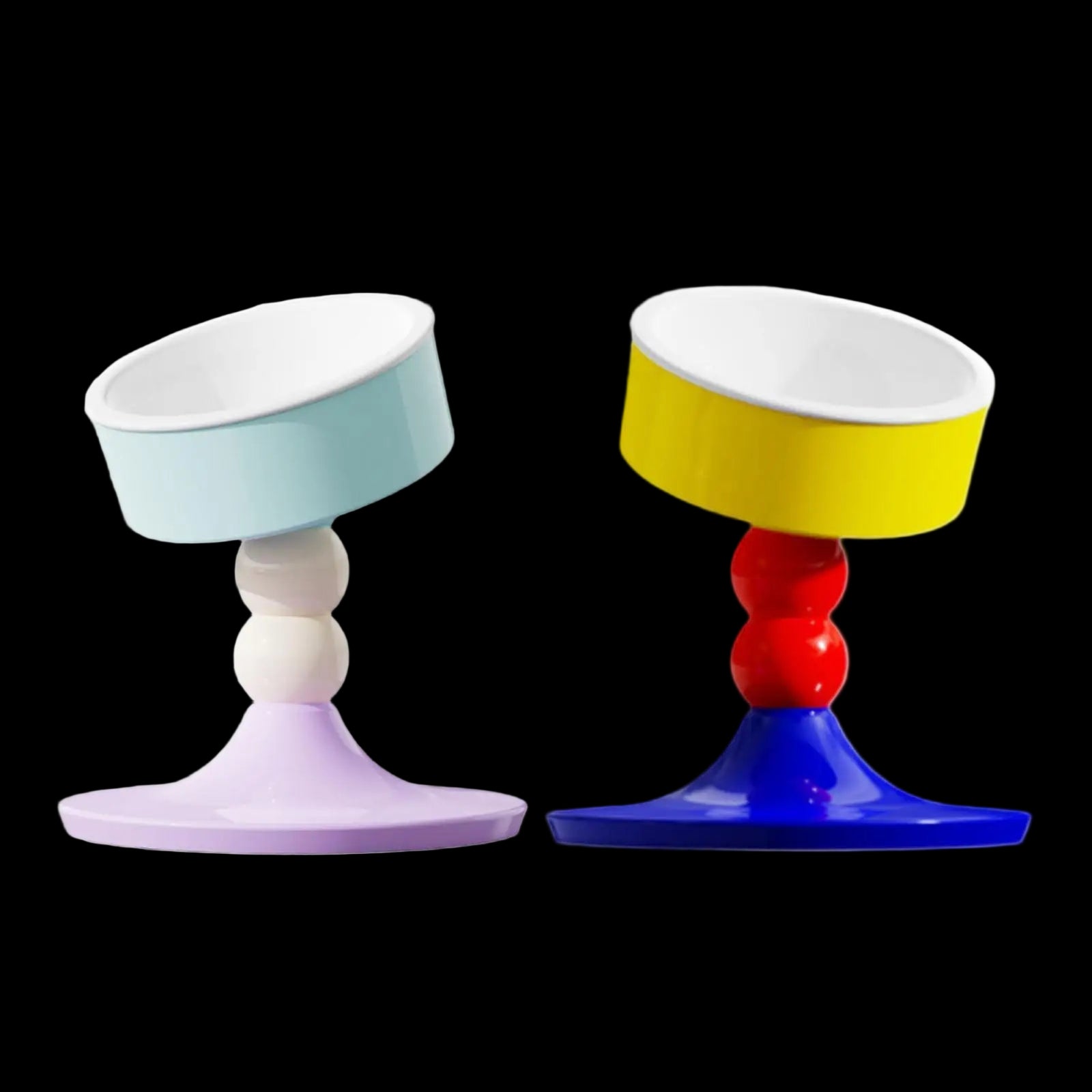 Two colorful stools with different color schemes on a white background