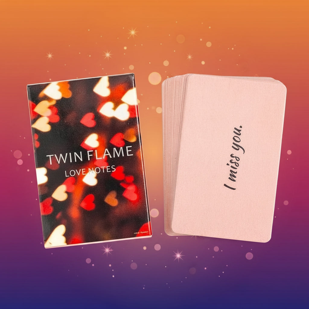 Notebook titled 'Twin Flame Love Notes' with a heart-themed cover and a pink card with 'I miss you' text on a white background.