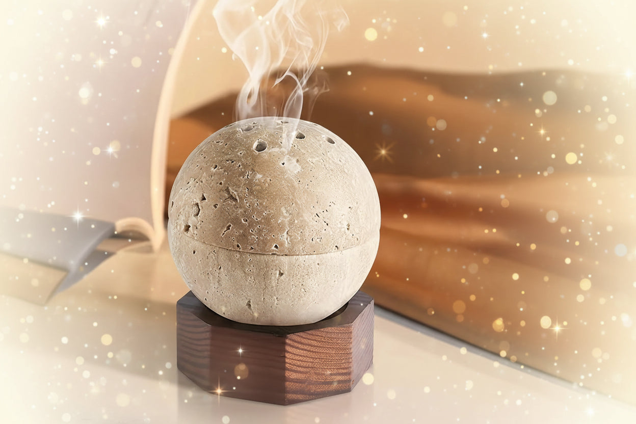 Concrete sphere diffuser with wooden base emitting steam on a blurred background
