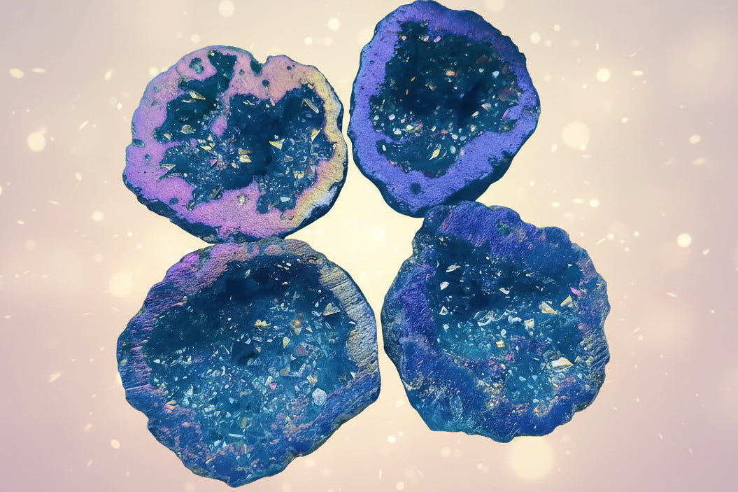 Four blue and purple geode-like rocks on a light gray surface