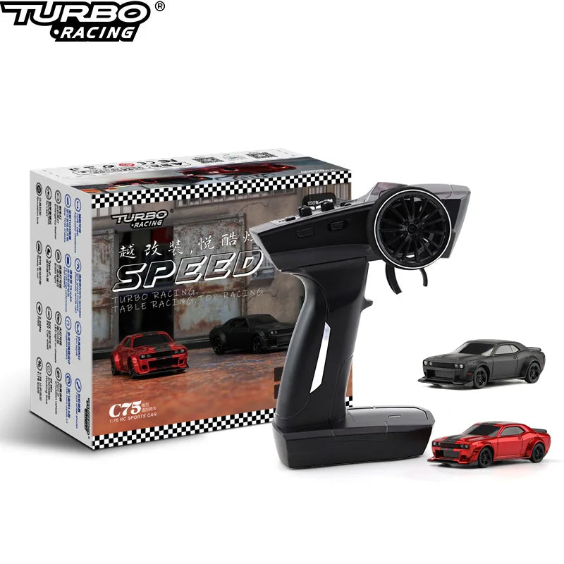 Turbo Racing remote control car transmitter with packaging and model cars on a white background