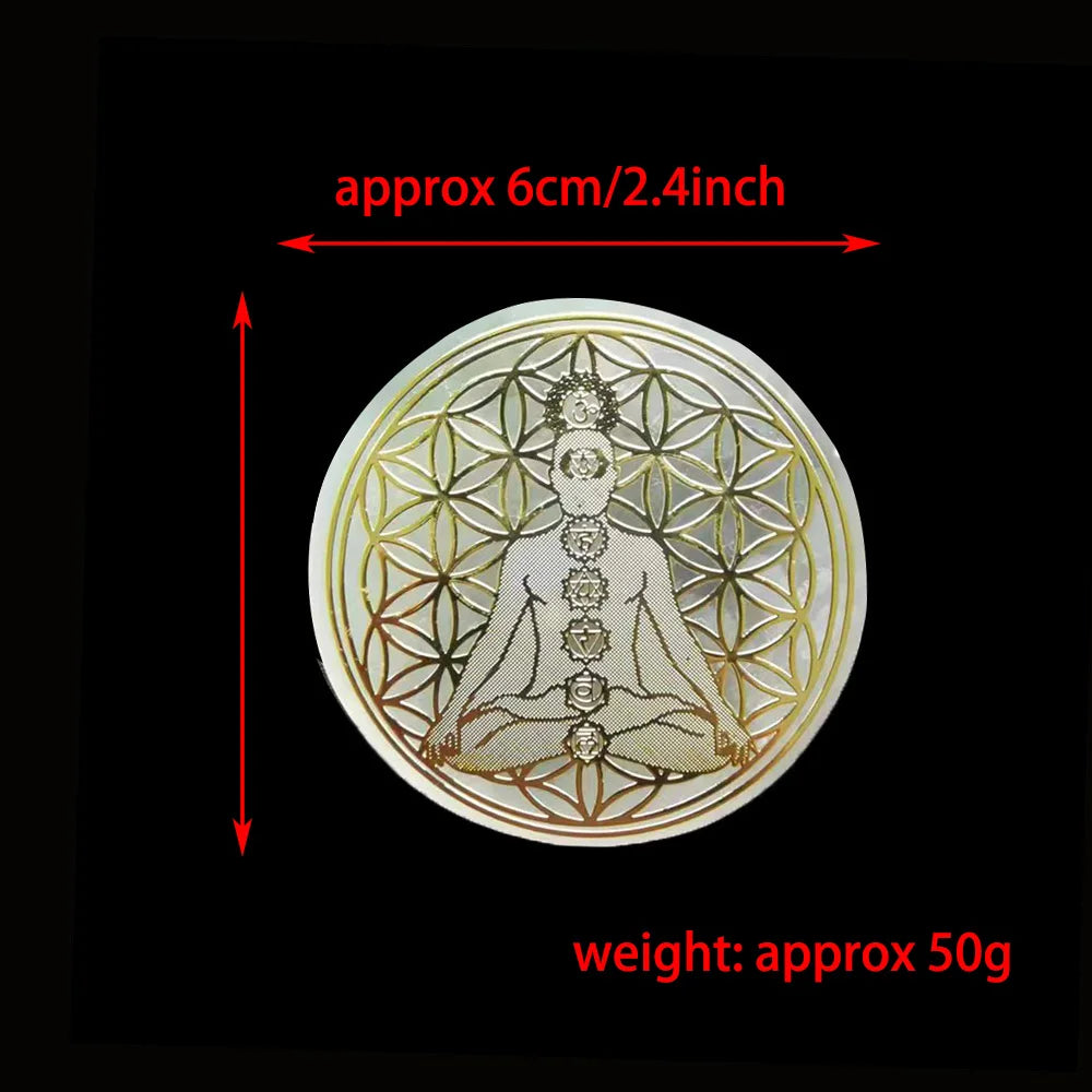 Circular object with intricate design, measurements, and weight information on a black background