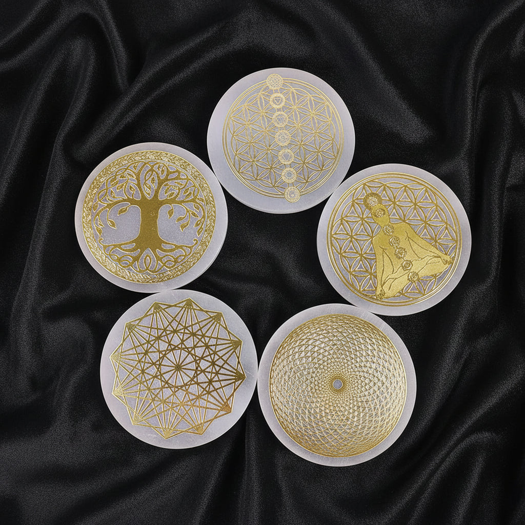 Five gold-coated circular designs on white bases against a blue textured background