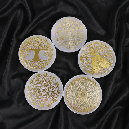 Five gold-coated circular designs on white bases against a blue textured background