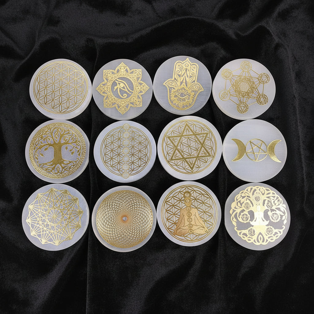 Set of gold geometric and symbolic designs on clear circular stamps against a blue textured background.
